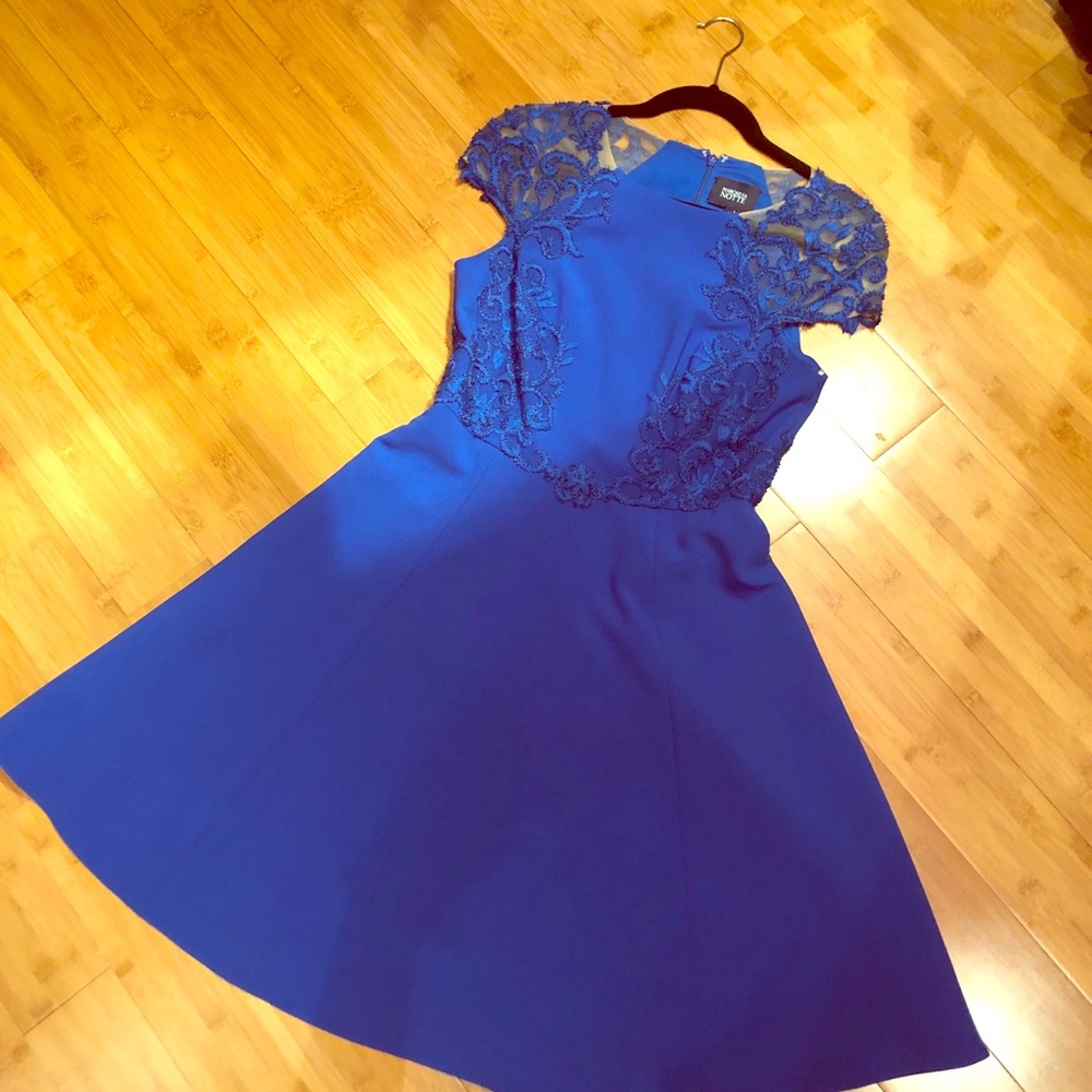 Marchesa Notte beaded shoulder blue dress